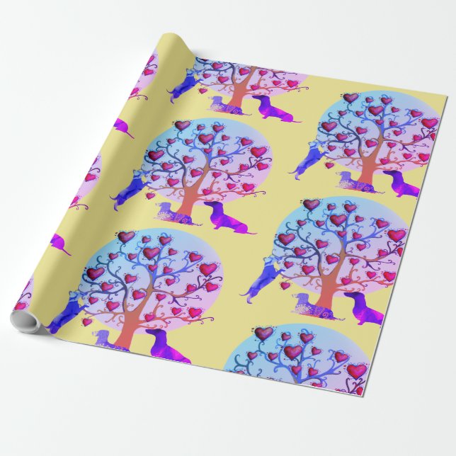 Cadeau Papier d'enveloppement de matte, Coeurs Dachshund  (Déroulé)