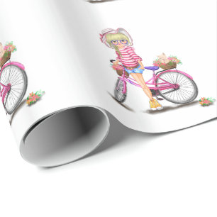 Cadeau Papier d'enveloppement de vélo rose et de fille bl