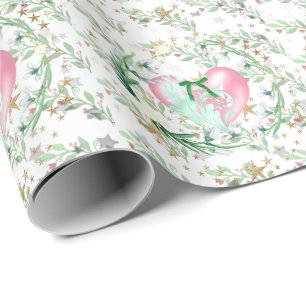 Cadeau Papier d'enveloppement Feuille et Coeurs roses