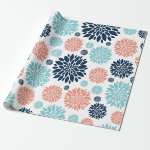 Cadeau Papier d'enveloppement floral bleu et corail