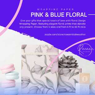 Cadeau Papier d'enveloppement rose et bleu à motifs flora
