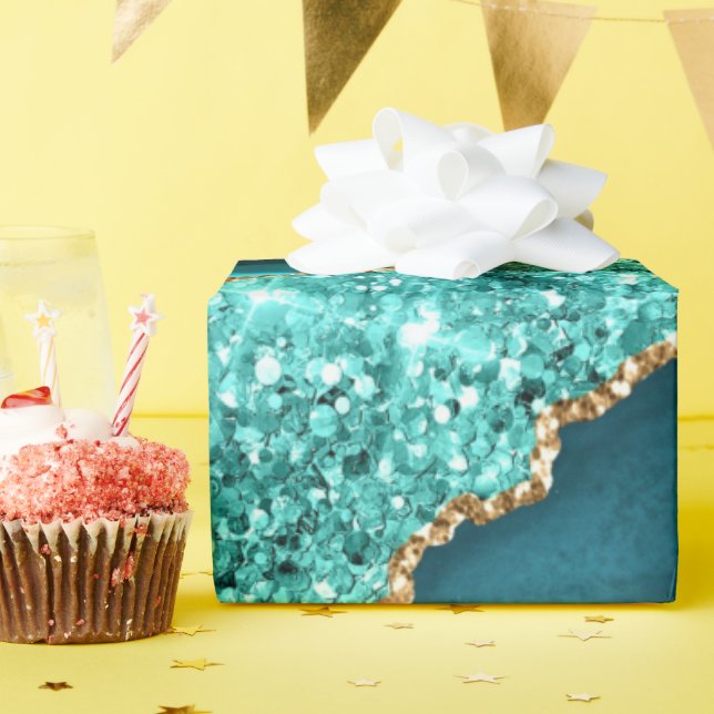 Cadeau Papier d'enveloppement turquoise en marbre bleu or (Fête d'anniversaire)