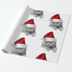 Cadeau Papier enveloppant Chat gris de Noël avec chapeau