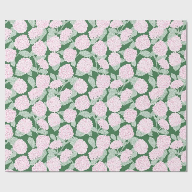 Cadeau Papier floral aux hortensias roses et verts (Plat)