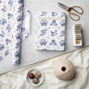 Cadeau Papier Floral & Oiseau de Style Delft Bleu Classiq