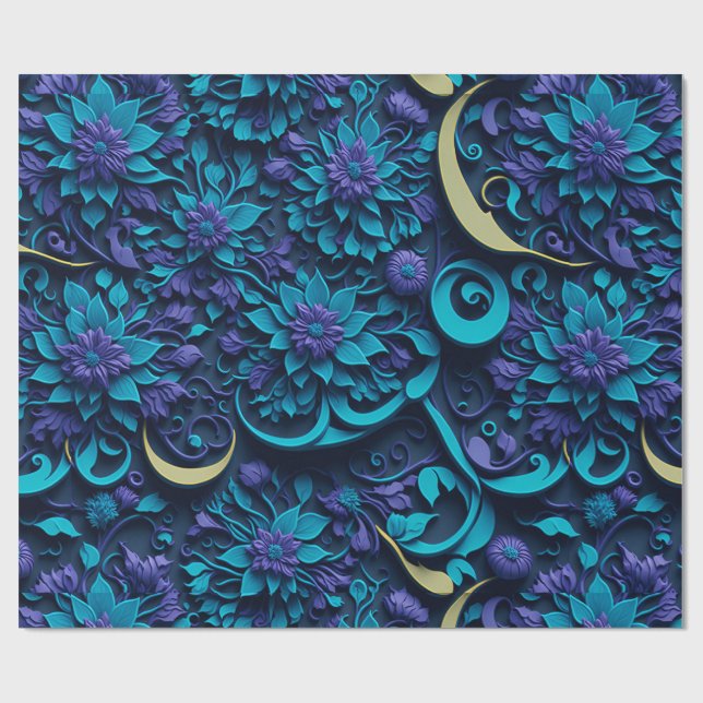 Cadeau Papier Motif à fleurs violet et bleu (Plat)