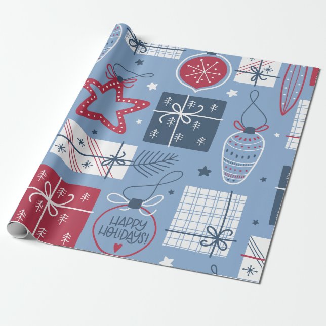 Cadeau Papier Motif de décoration de Noël gris (Déroulé)