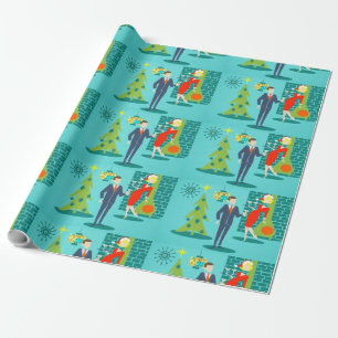 Cadeau Papier Retro Cartoon Couple Wrapper