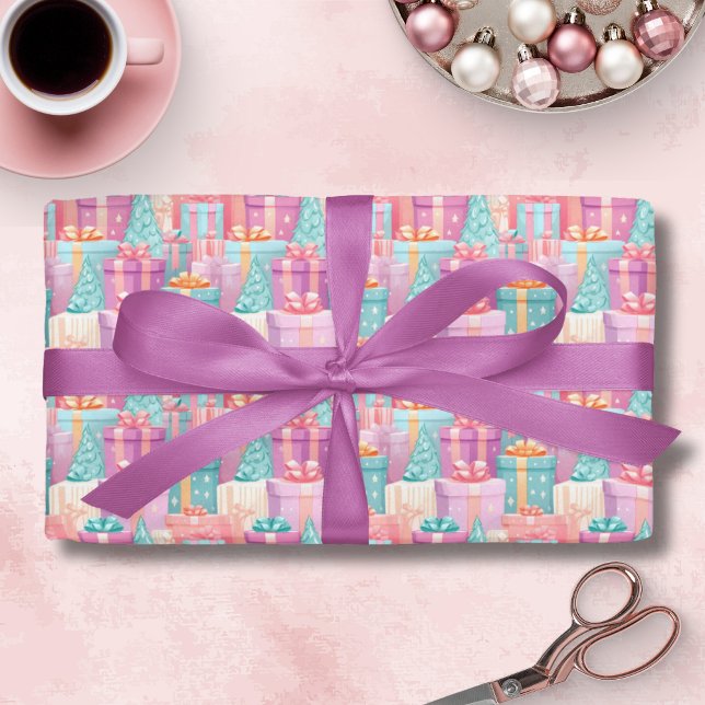 Cadeau Pastel Noël Présences et Arbres Papier (Pastel Presents Wrapping Paper)