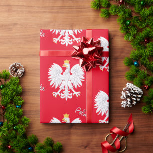 Cadeau Pologne Papier rouge à envelopper, Aigle polonais,