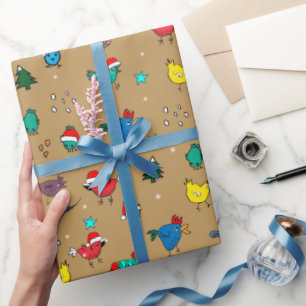 Cadeau Poulets de Noël sur papier d'emballage en or