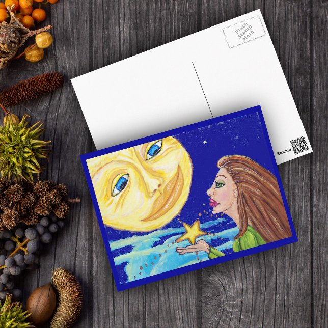 Cadeau pour la carte postale Lune (Lady giving a yellow star to full moon with smiling face in night sky with clouds on postcard.)