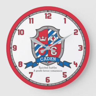 Caden name meaning heraldry shield letter C bird Large Clock