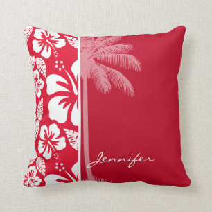 Cadmium Red Tropical Hibiscus; Palm Throw Pillow