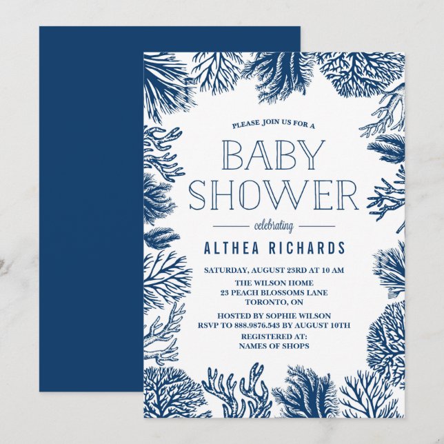 Cadre Coraux Bleus Été Bébé Douche Invitation (Devant / Derrière)