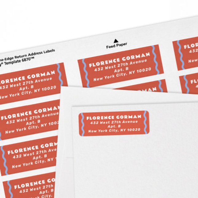 Cadre de corail et de bleu français (trendy wavy periwinkle blue line and coral red modern return address labels by the sheet)