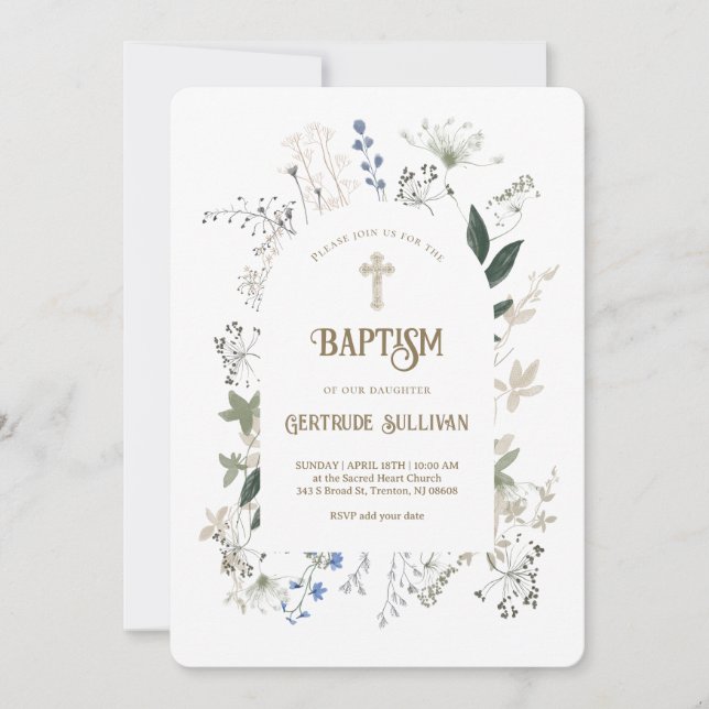 cadre de fleurs de prairie Baptême Invitation (Devant)