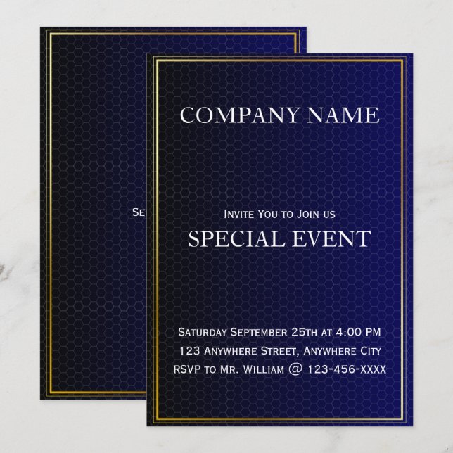 Cadre doré Bleu Corporate Party Invitation Card (Devant / Derrière)