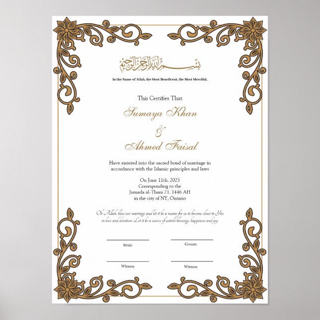 Cadre élégant affiche de certificat de nikkah musu (Devant)