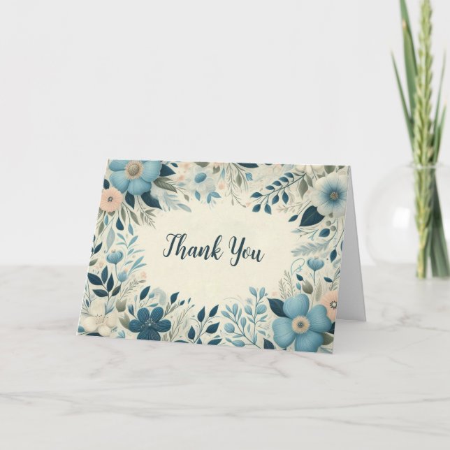 Cadre floral bleu Carte de remerciements plié pers (Devant)