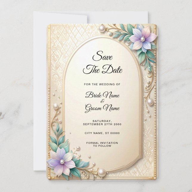 Cadre floral décoratif avec perles Save The Date (Devant)