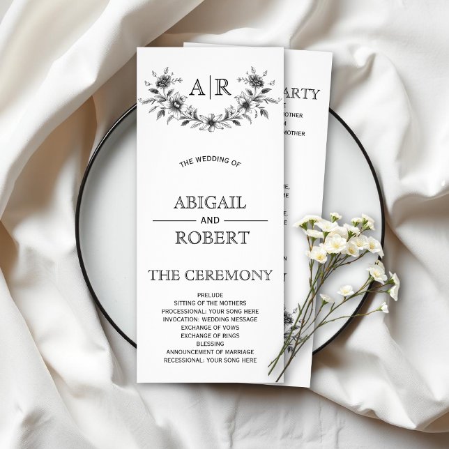 Cadre floral noir avec programme de mariage monogr (Créateur téléchargé)