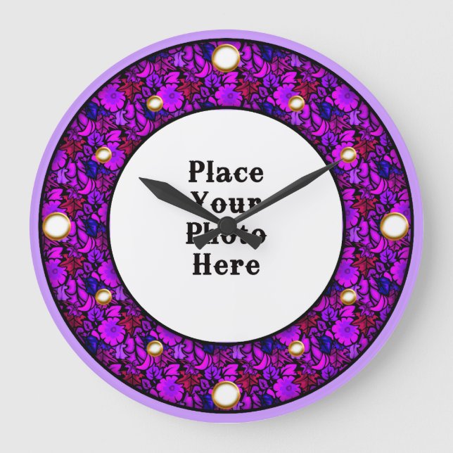 Cadre Floral Violet Votre Mur Photo Horloge (Recto)