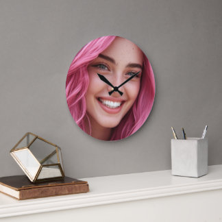 Cadre Horloge Murale Femme Souriant Cheveux Roses