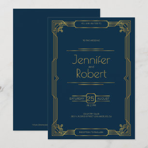 Cadre mariage Gold Art Déco sur Invitation bleu