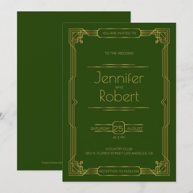Cadre mariage Gold Art Déco sur Invitation vert (Devant / Derrière)
