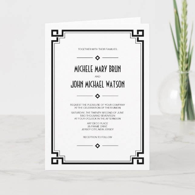Cadre noir Art Déco Mariage blanc Invitation plié (Devant)