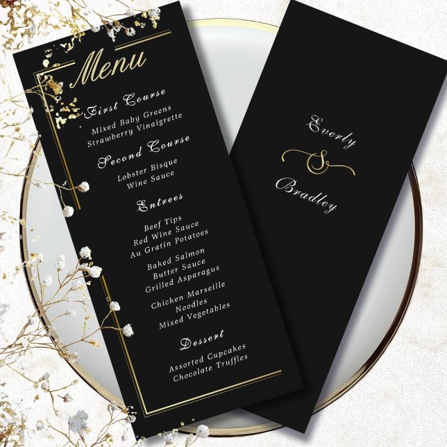 Cadre noir foncé Or blanc Script élégant Menu (Créateur téléchargé)