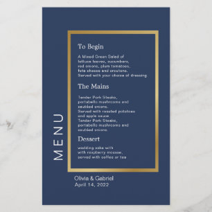 Cadre Or. Menu simple bleu marine mariage