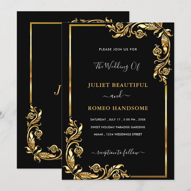 Cadre or noir Faire-part de mariage or Feuille (Devant / Derrière)