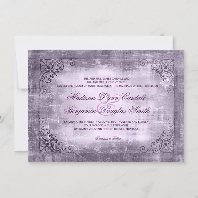 Cadre Vintage rustique Purple Mariage Invitations (Devant)