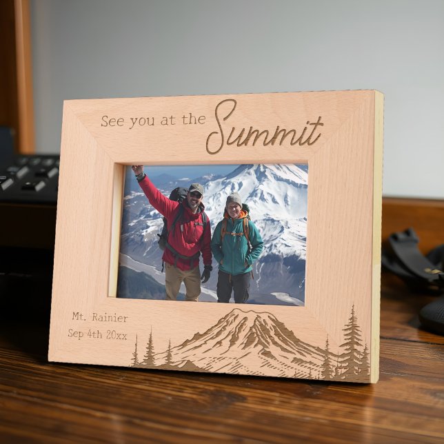 Cadres Gravés Mont Rainier Summit Aventure Climat Ascent Date (Personalized Mount Rainier photo frame with custom date, etched design, and inspiring quote.)
