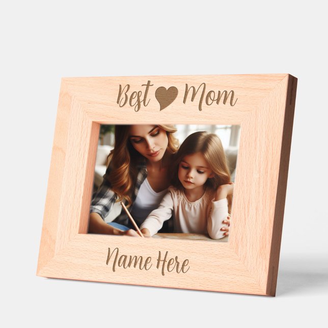 Cadres Gravés Personnalisé Simple, Élégant Coeur mignon, Meilleu (Personalized Best Mom Engraved Natural Wood Picture Frame)