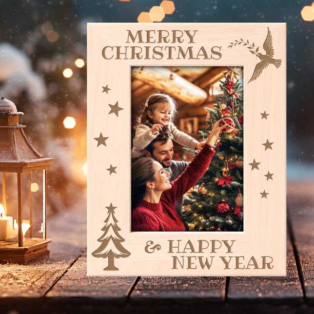 Cadres Gravés Photo moderne Joyeux Noël Elégante (Etched Holiday picture frame featuring a peace bringing dove and Christmas tree with stars)