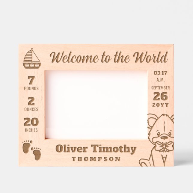 Cadres Gravés Teddy & Sailboat Bienvenue dans le monde Baby Stat (Recto)