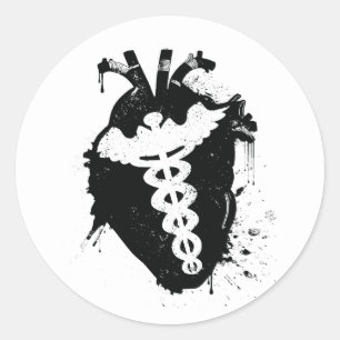 caduceus anatomical heart classic round sticker