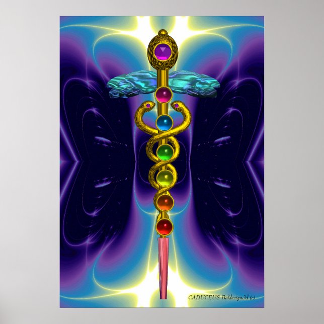 CADUCEUS AND 7 CHAKRAS , vibrant gold ametist Poster (Front)