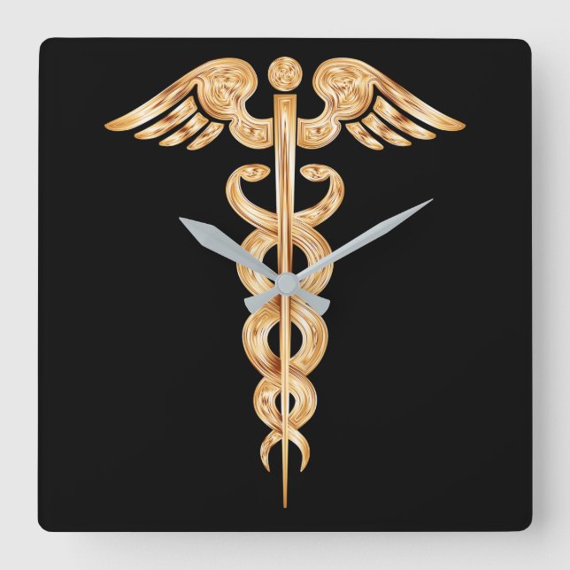 Caduceus Black and Gold Wall Clock (Front)