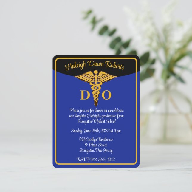 Caduceus Blue/Gold/Black Medical School Graduation Invitation (Standing Front)