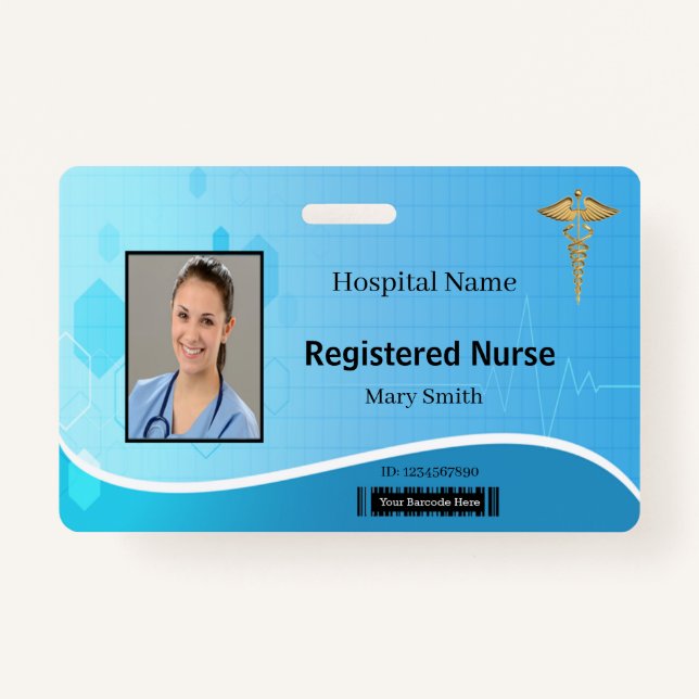 Caduceus Blue Medical Heartbeat Photo ID Badge (Front)