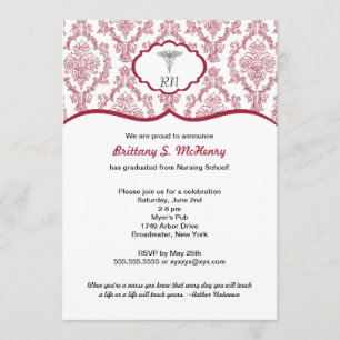 Caduceus Damask Burgundy Nurse graduation RN BSN Invitation