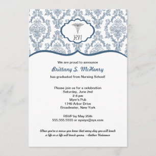 Caduceus Damask navy blue Nurse graduation RN BSN Invitation