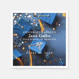  Caduceus Elegant Gold White Navy Blue Graduation Napkin