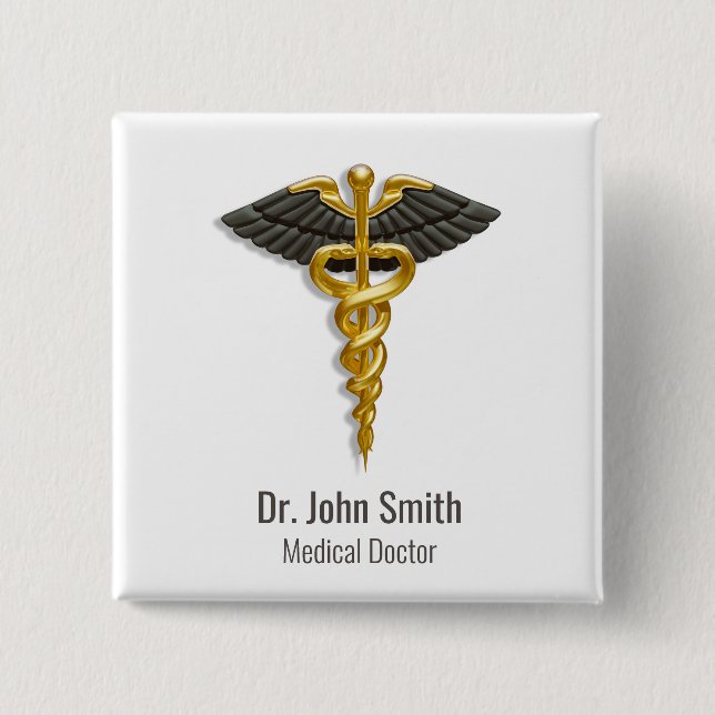 Caduceus Gold Black Wings Elegant Classy Medical 2 Inch Square Button (Front)
