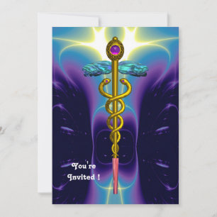 CADUCEUS,gold bright blue , purple amethyst Invitation