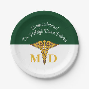 Caduceus Green & White Medical School Graduation Paper Plate
